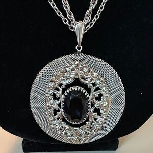 Vintage Silver-Tone Filigree Pendant Necklace with Blue Stone